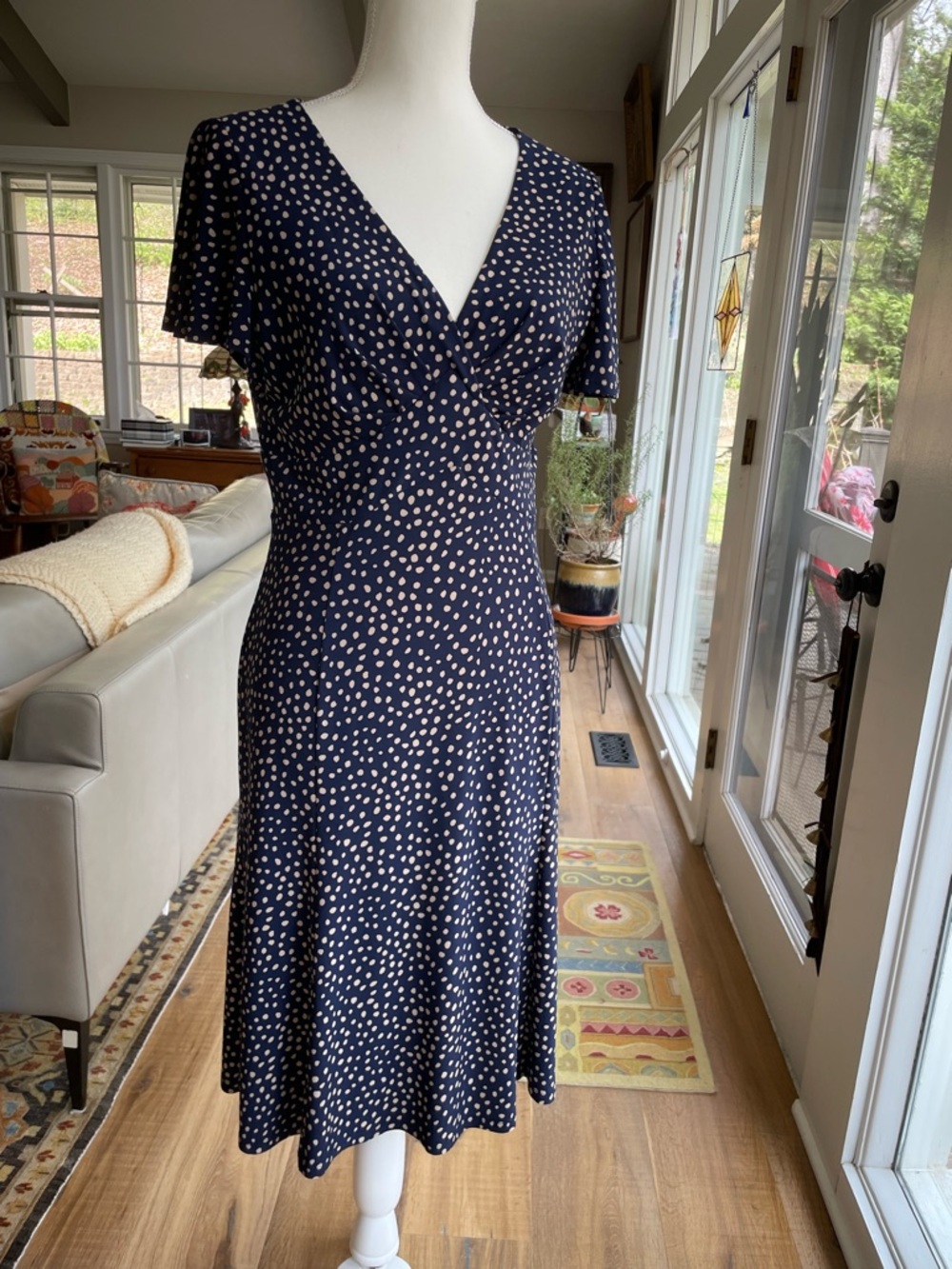 Chaps -Navy w  tan Polka Dots V-Neck Midi Dress